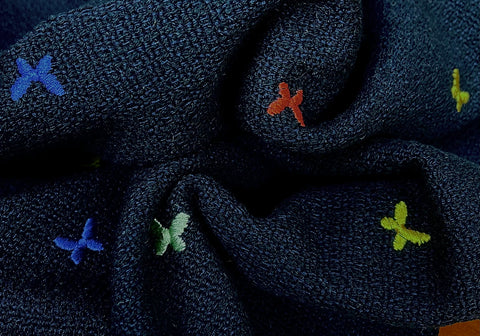 Navy Butterfly Embroidered Cotton Boucle